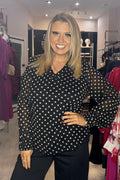 Solo Beige & Black Polka Dot Print V Neck Top