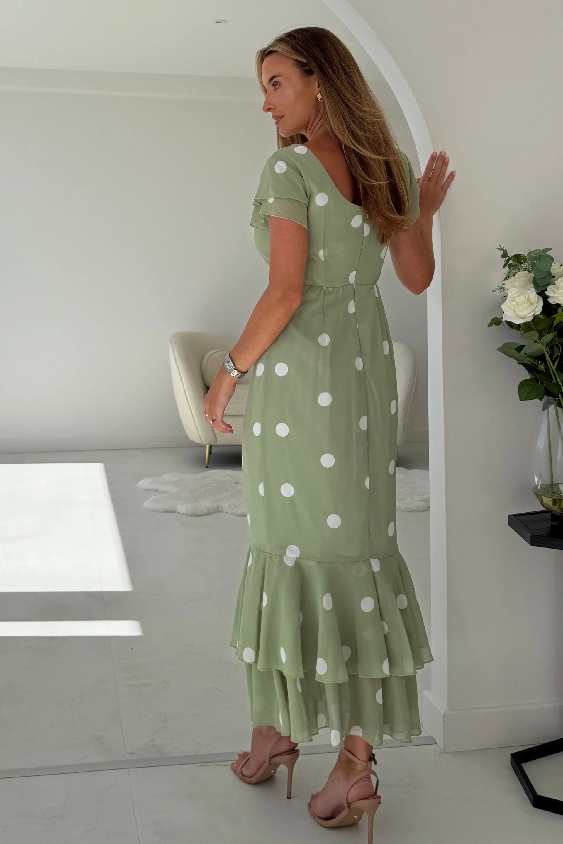 Sage Green & White Polka Dot Fishtail Midi Dress