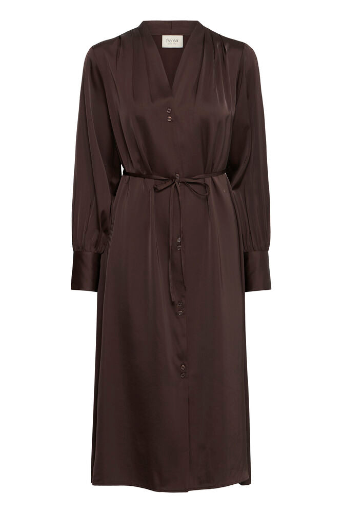 Fransa Chocolate Brown Satin Shirt Maxi Dress