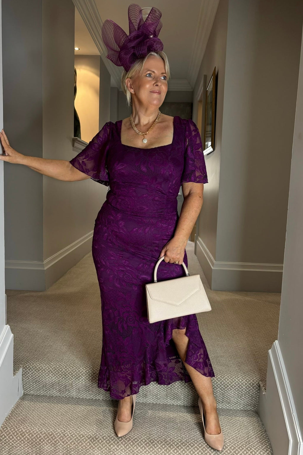 Purple Plum Lace Ruffle Detail Midi Dress