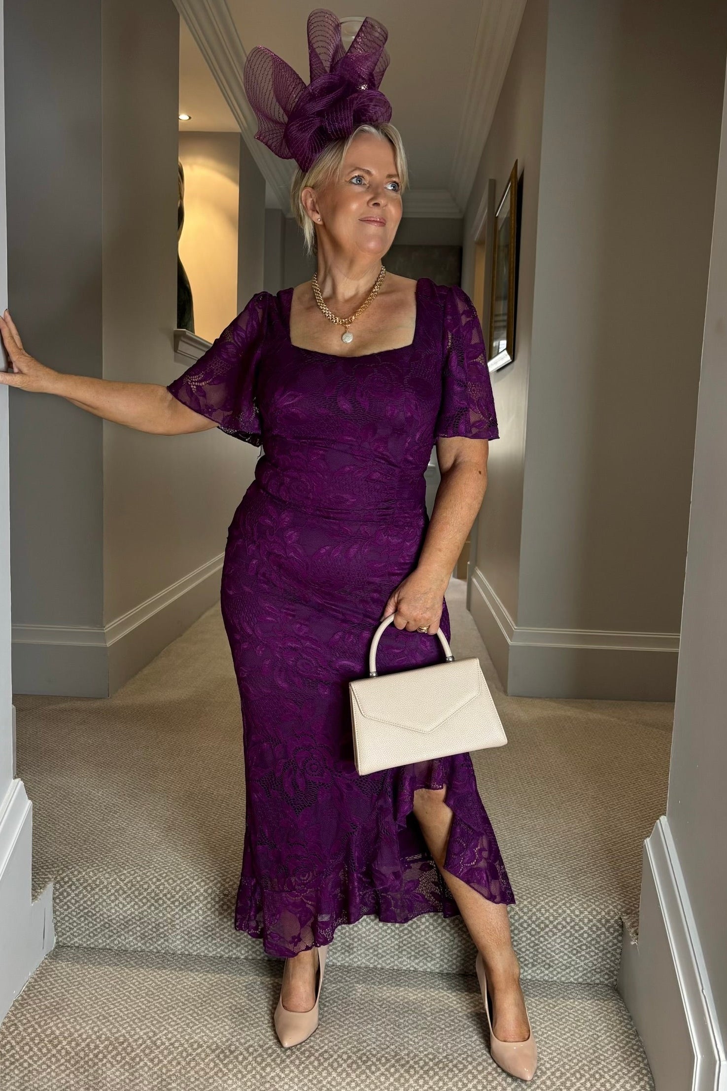 Purple Plum Lace Ruffle Detail Midi Dress