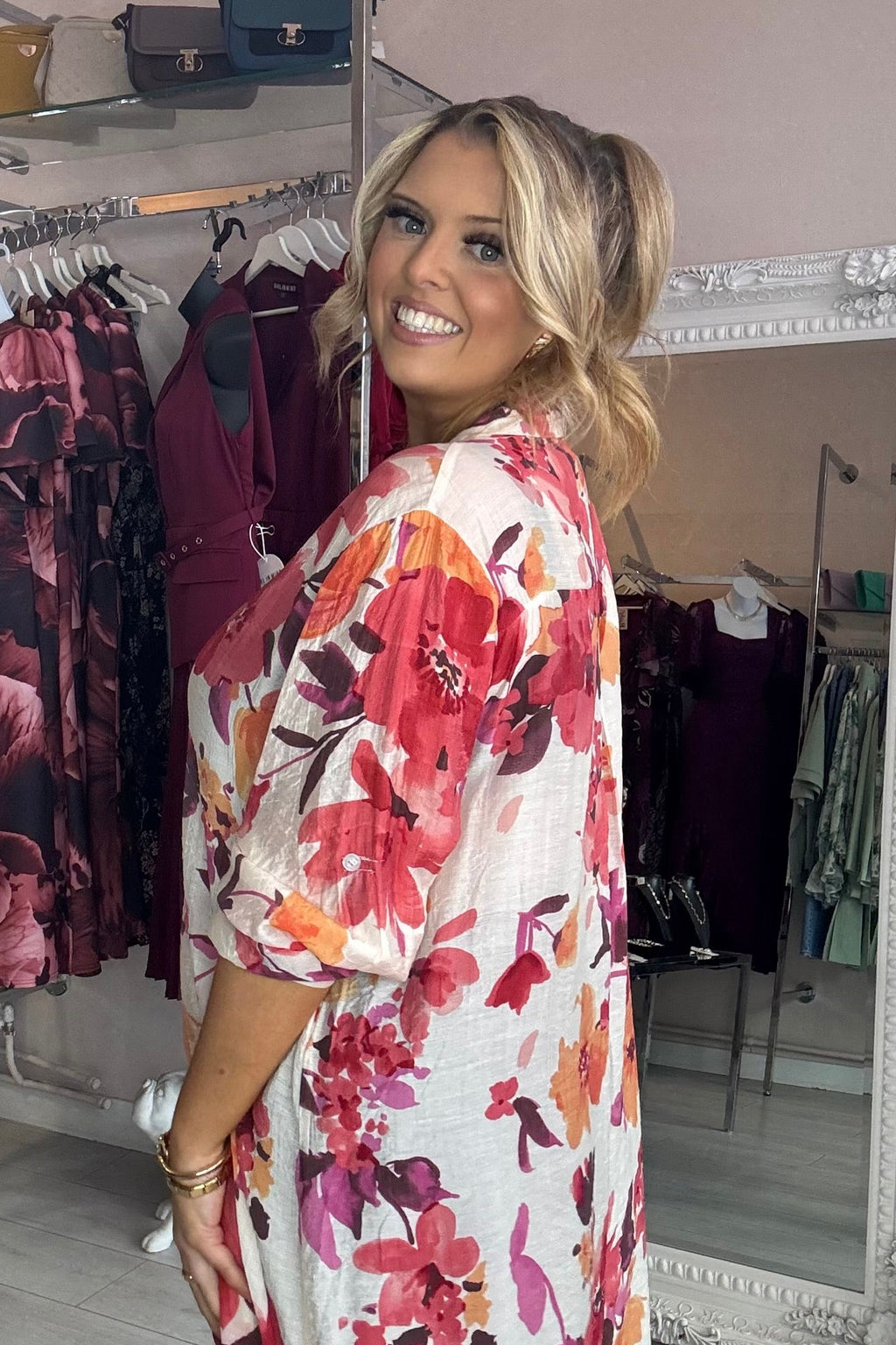Mixed Pink & Orange Tone Floral Longline Blouse
