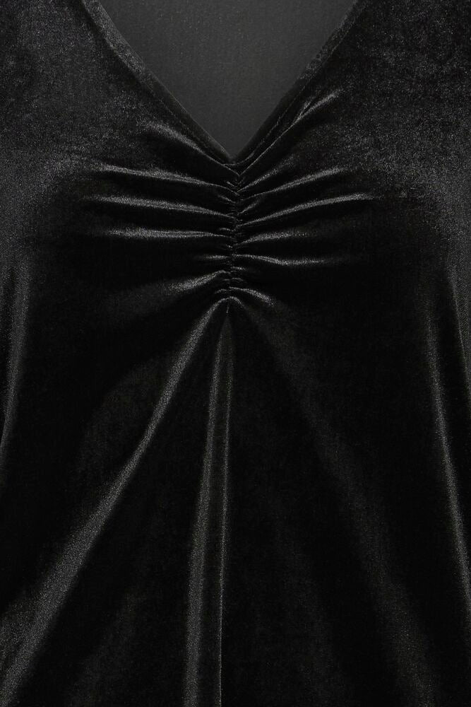 Fransa Premium Black Velvet Ruched Bust V Neck Top