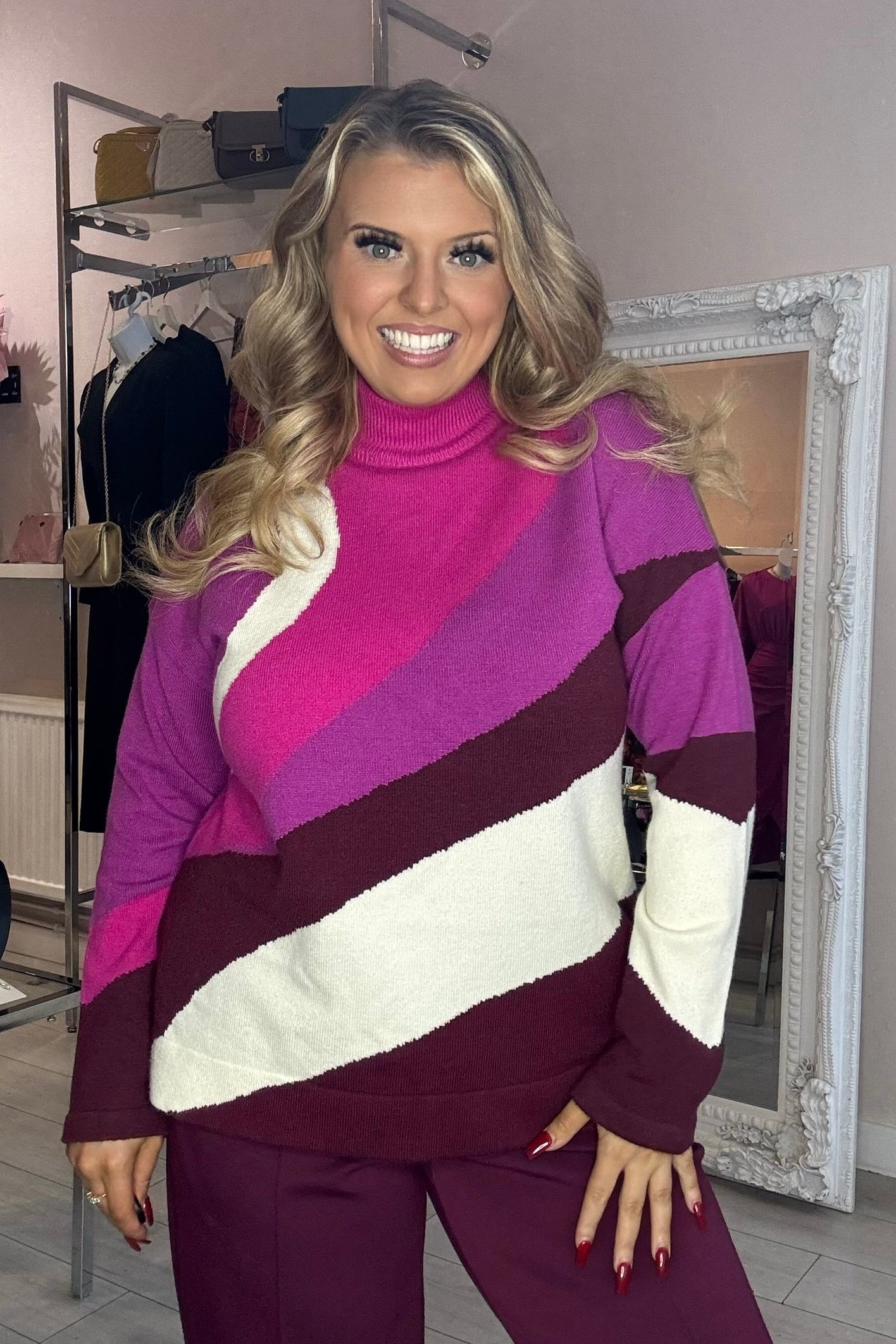 ROLL WITH IT Mixed Pink Tone & Cream Turtle Neck Colour Block Jumper