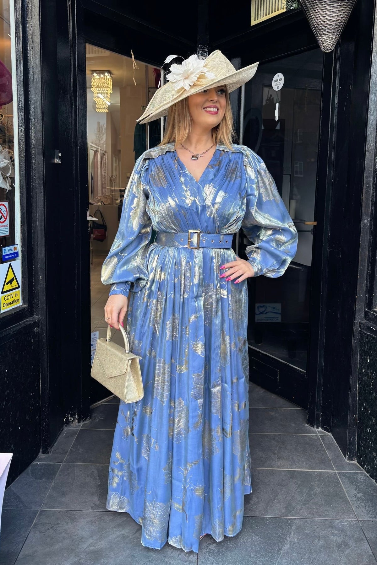 Blue & Metallic Gold Floral Grecian Style Maxi Dress