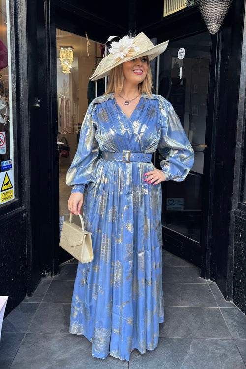Blue & Metallic Gold Floral Grecian Style Maxi Dress