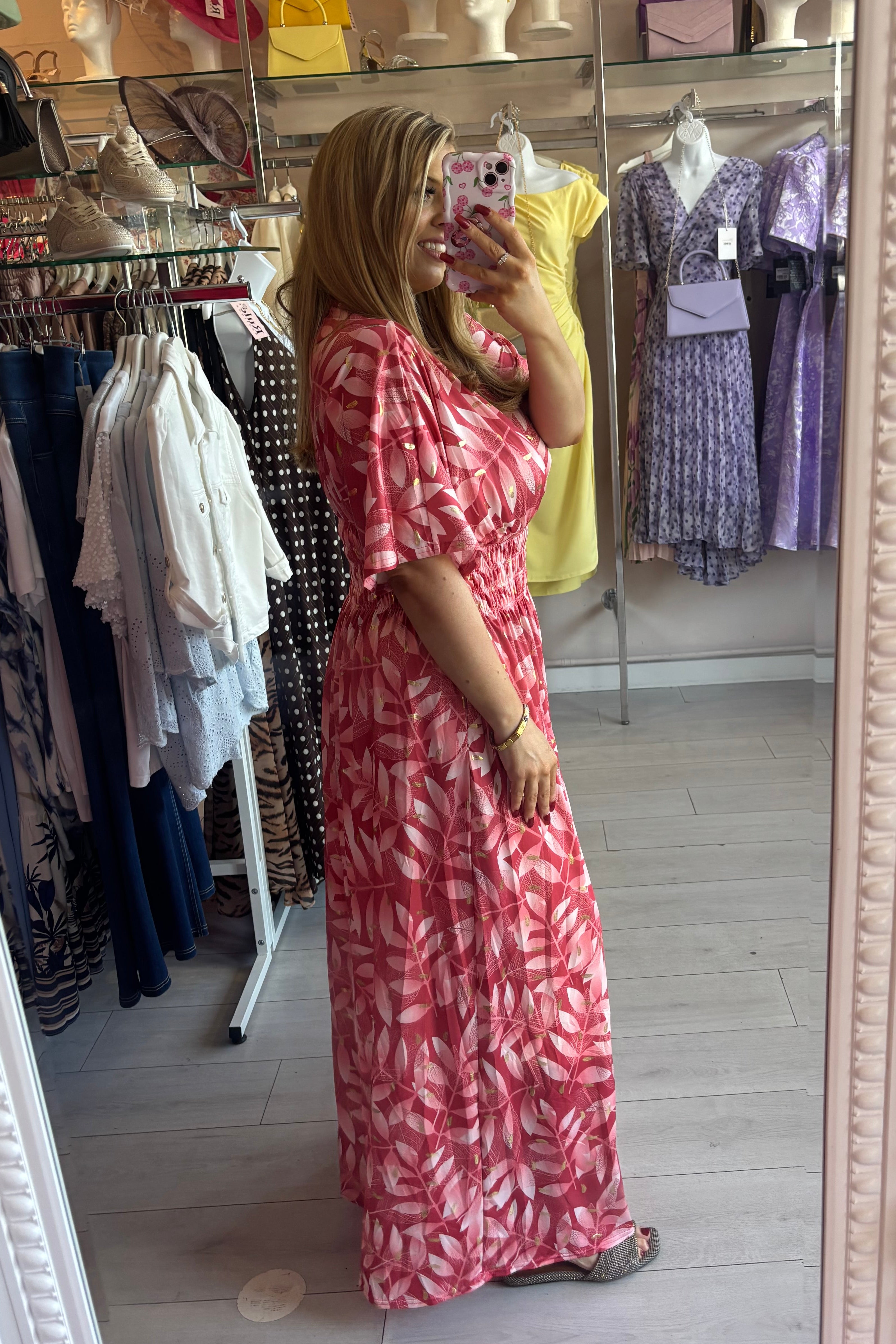 Mixed Berry Pink Tone Gold Metallic Lurex Leaf Print Summer Maxi Dress
