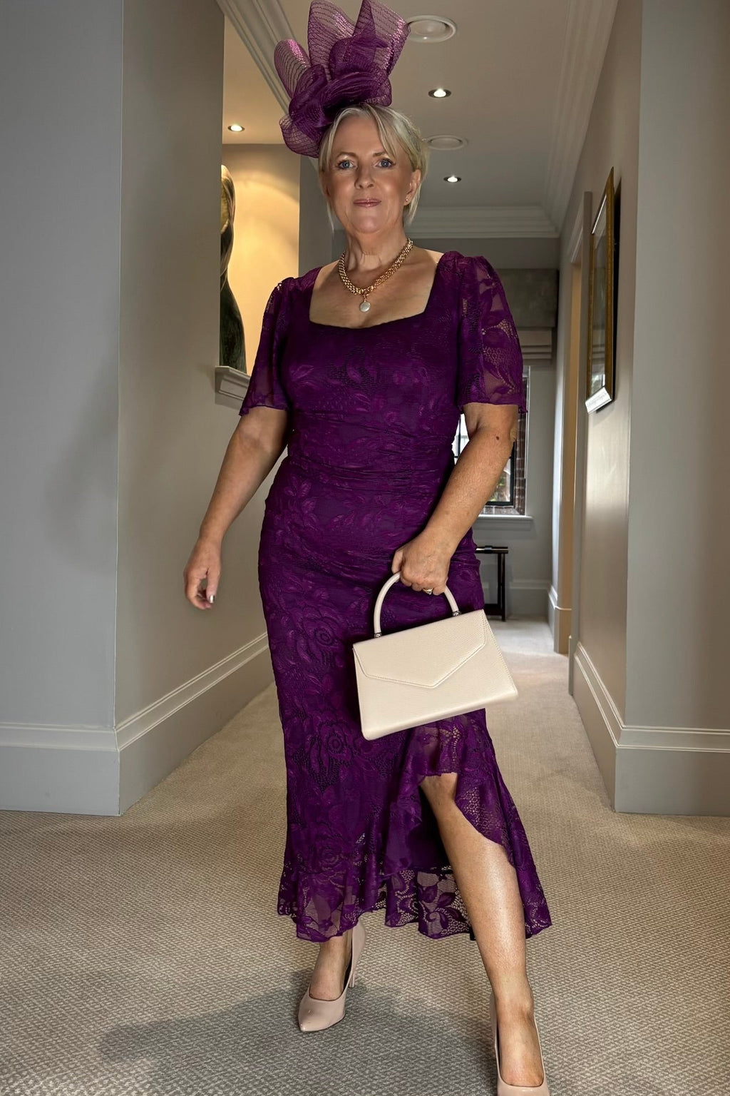 Purple Plum Lace Ruffle Detail Midi Dress