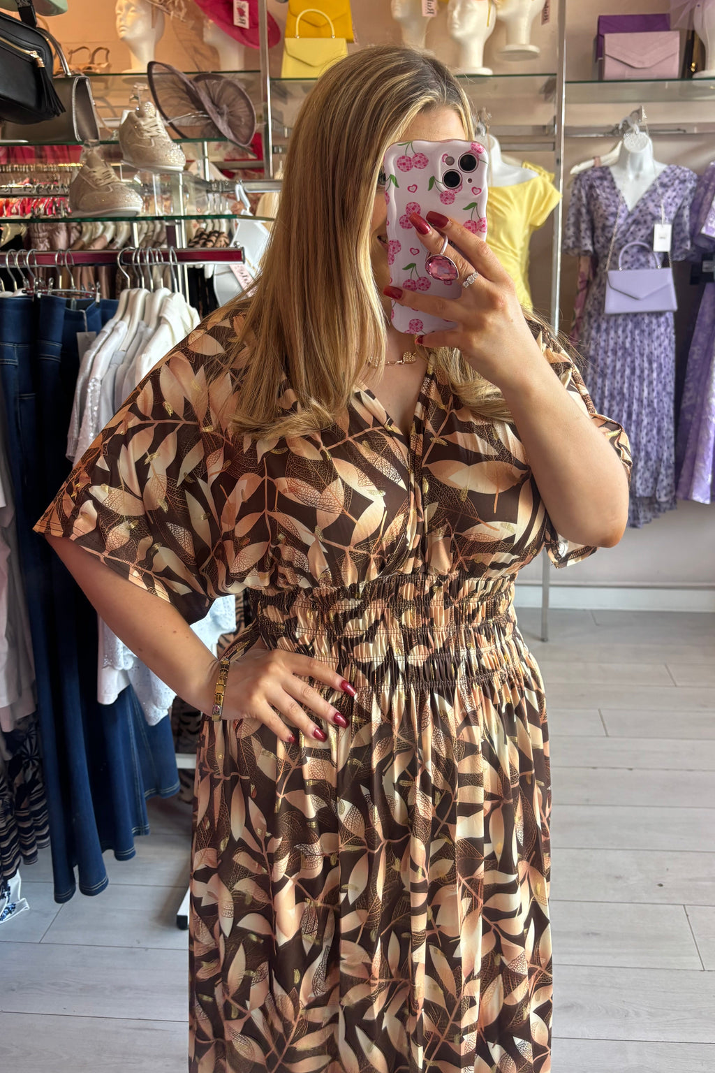Mixed Brown & Beige Gold Metallic Lurex Leaf Print Summer Maxi Dress