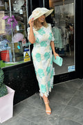 Green & White Floral Guipure Lace Midi Dress