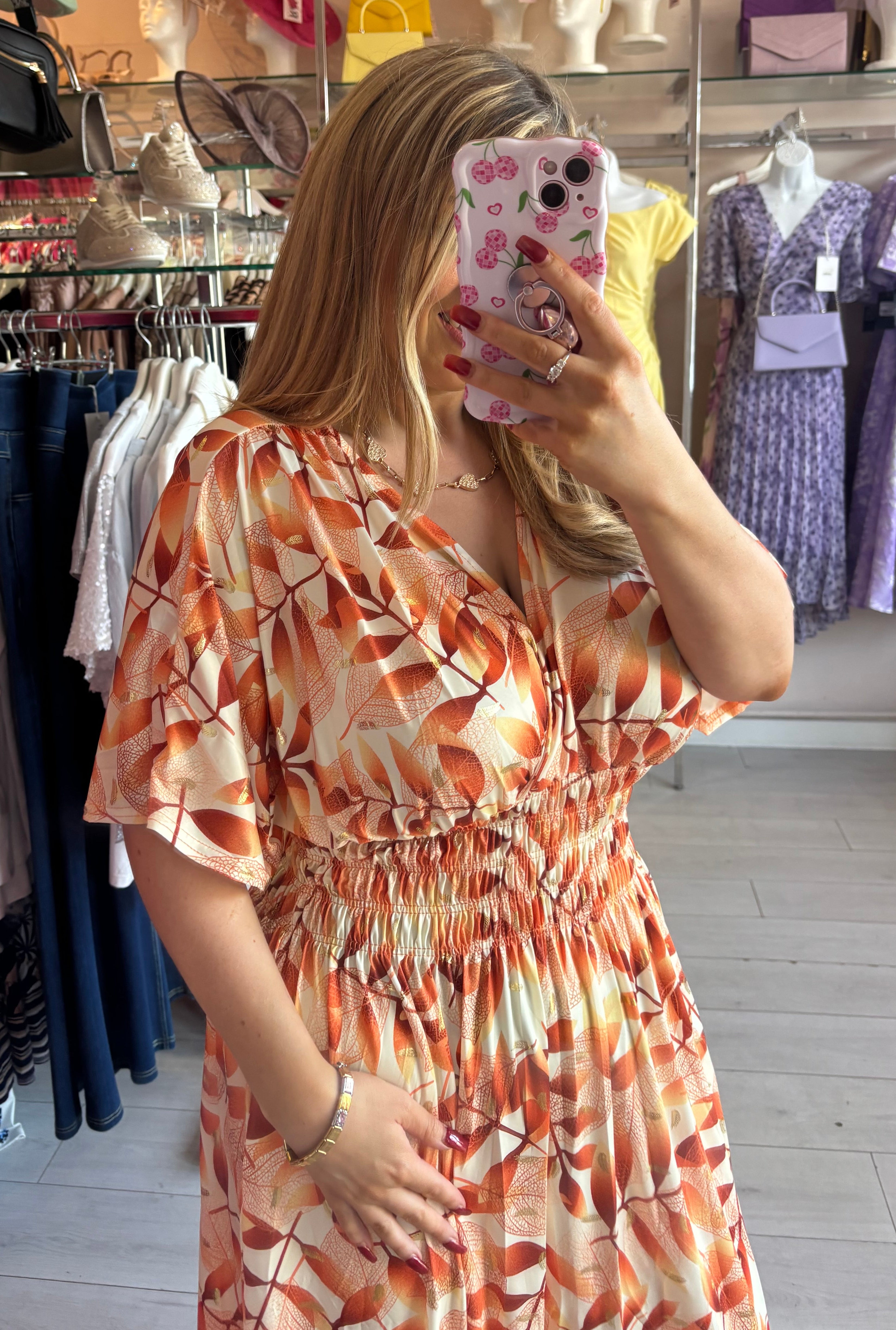 Mixed Orange Tone Gold Metallic Lurex Leaf Print Summer Maxi Dress