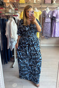 Mixed Blue & Black Gold Metallic Lurex Leaf Print Summer Maxi Dress