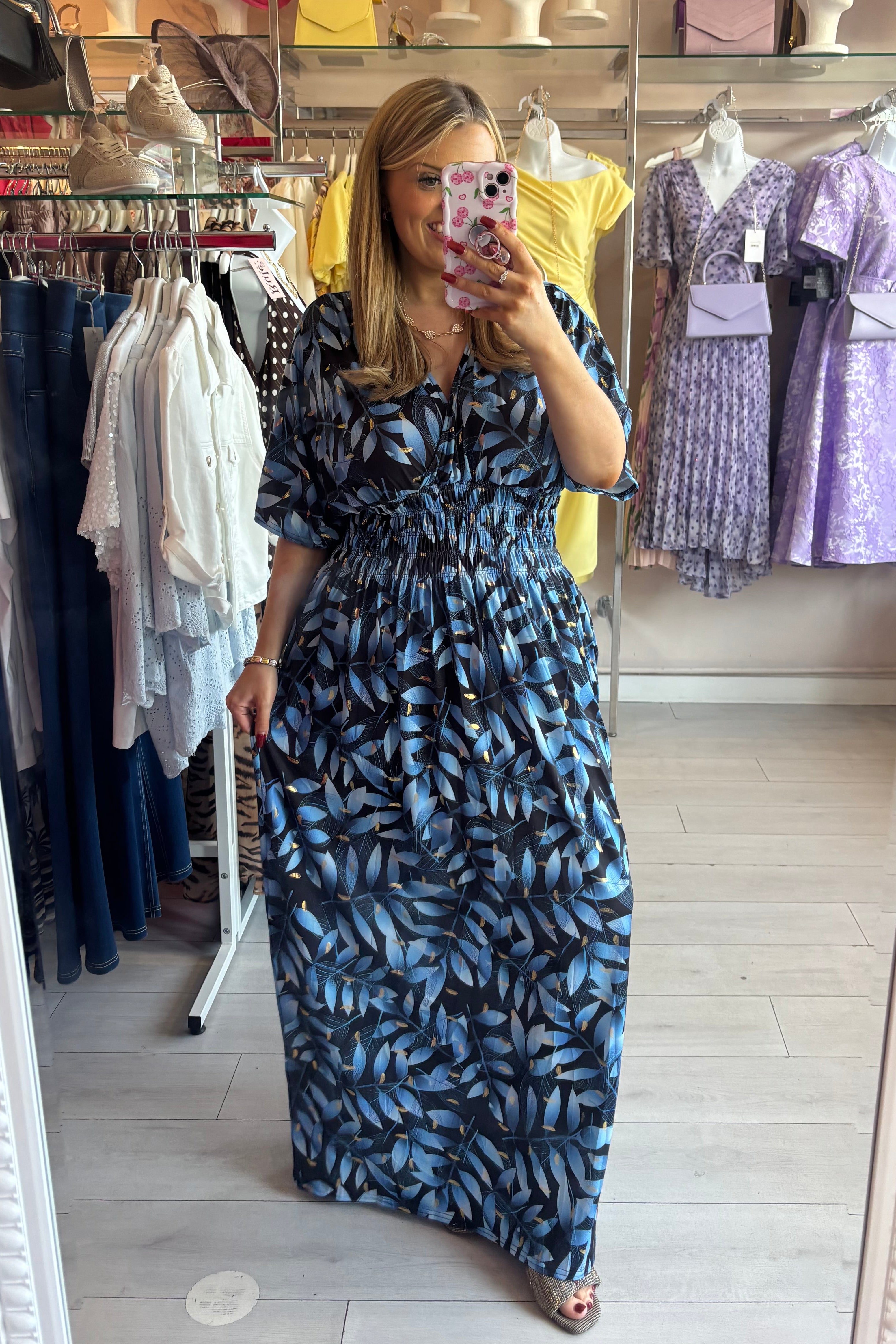 Mixed Blue & Black Gold Metallic Lurex Leaf Print Summer Maxi Dress