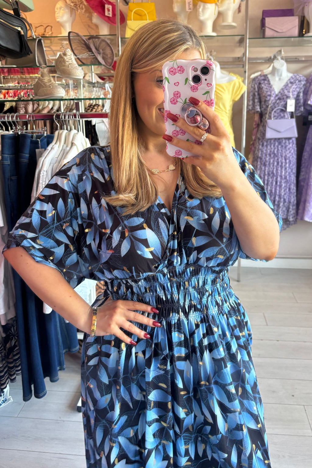 Mixed Blue & Black Gold Metallic Lurex Leaf Print Summer Maxi Dress