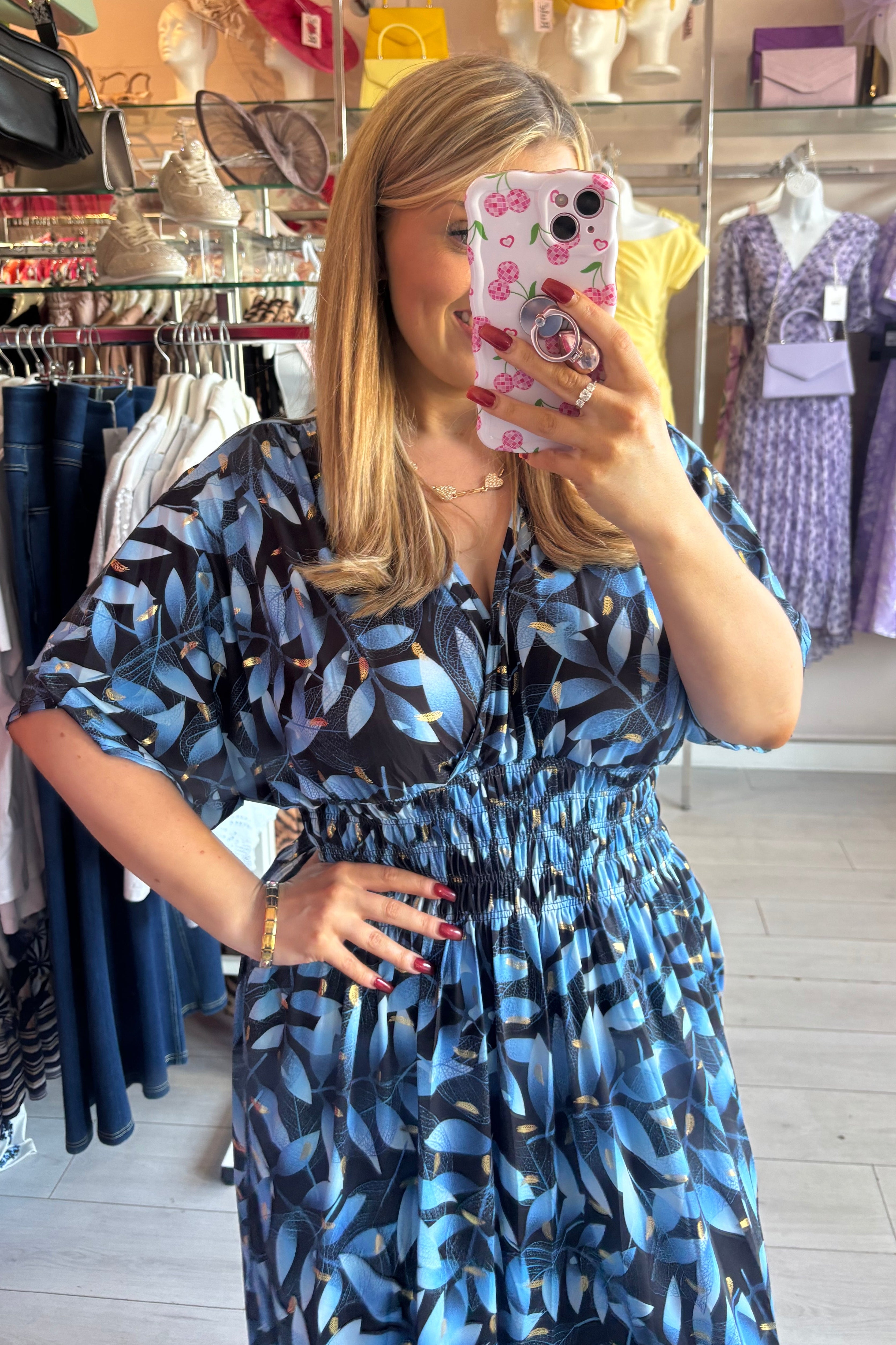 Mixed Blue & Black Gold Metallic Lurex Leaf Print Summer Maxi Dress
