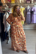 Mixed Orange Tone Gold Metallic Lurex Leaf Print Summer Maxi Dress