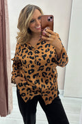 ROAR Brown Leopard Print Satin Oversized Blouse
