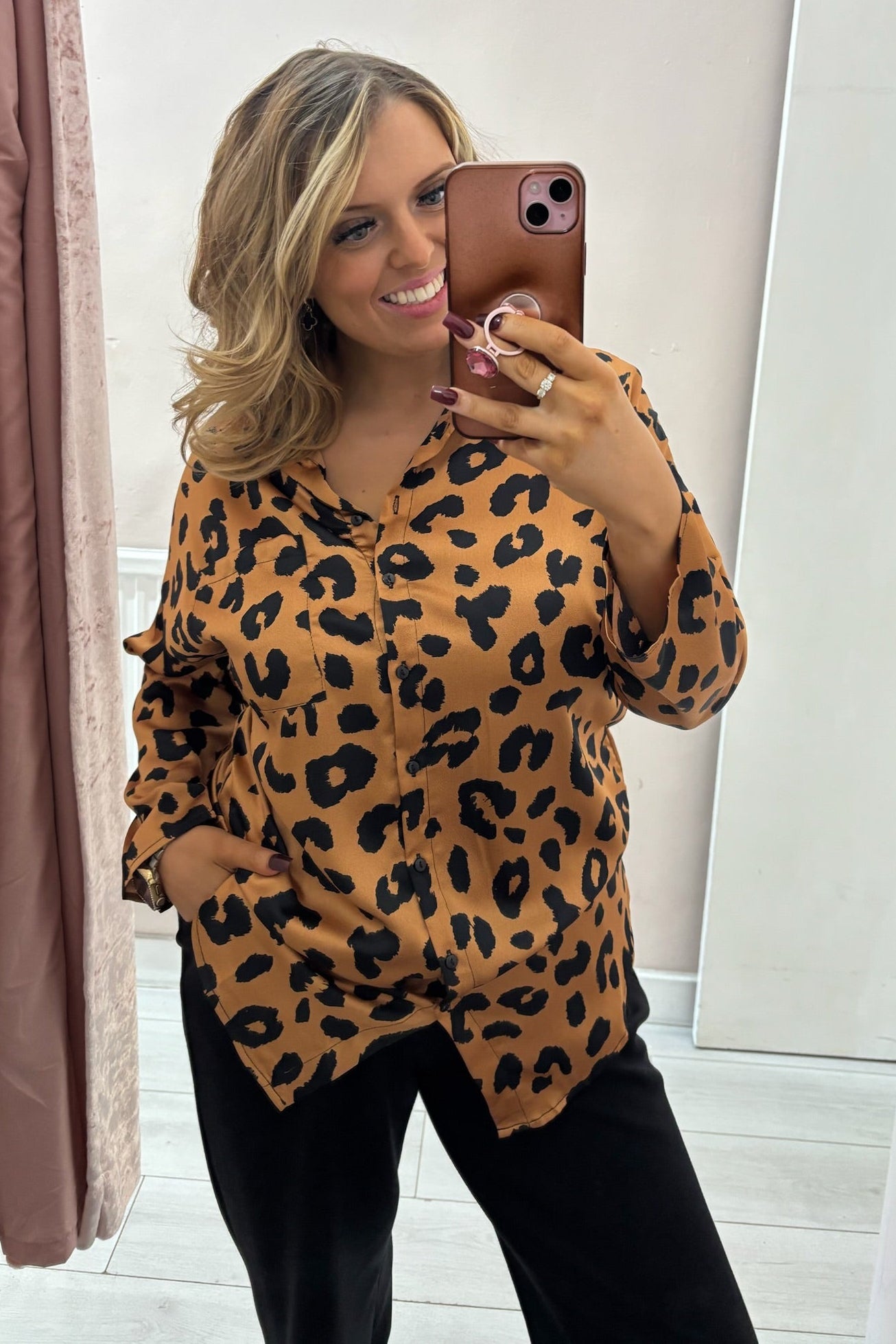 ROAR Brown Leopard Print Satin Oversized Blouse