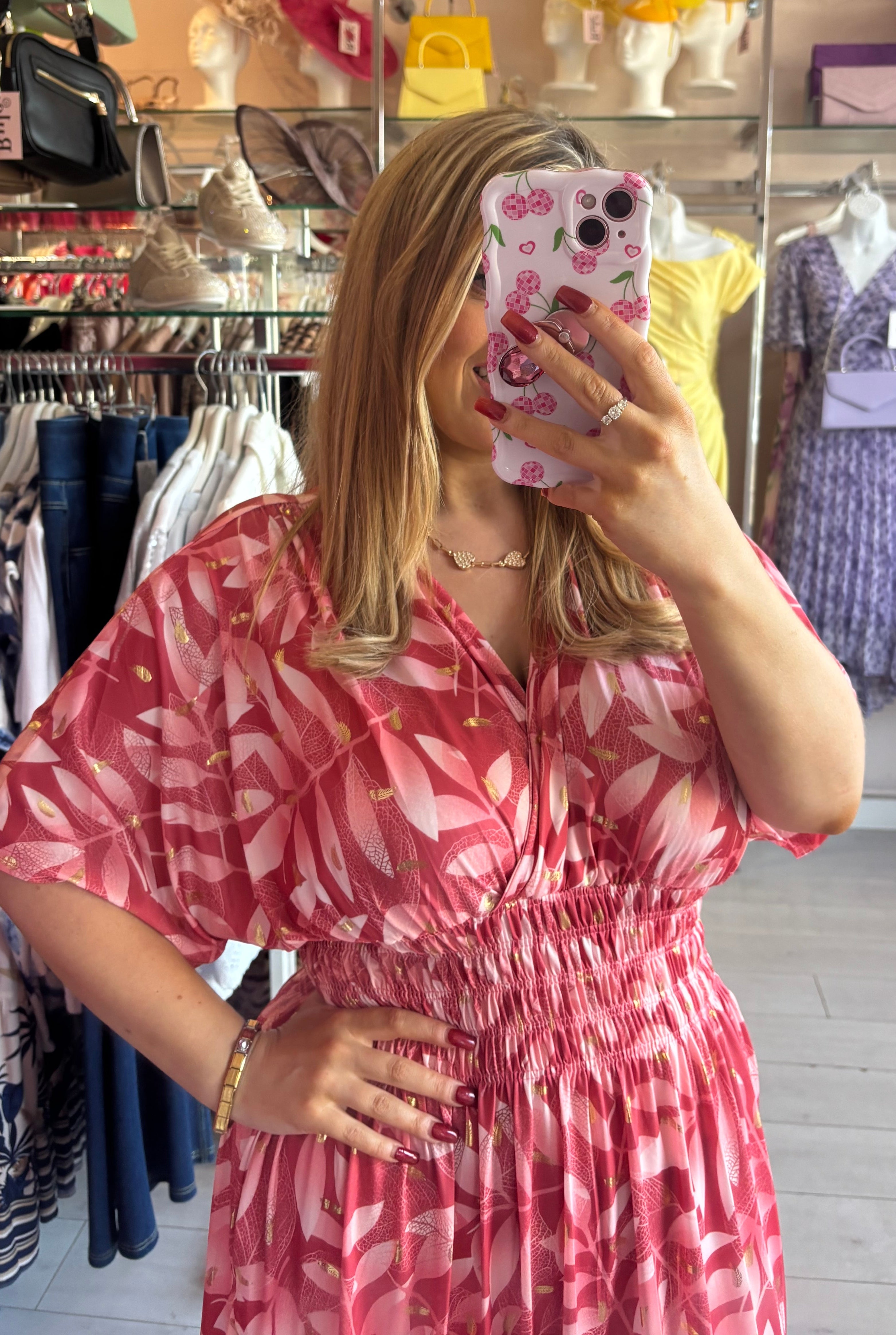 Mixed Berry Pink Tone Gold Metallic Lurex Leaf Print Summer Maxi Dress