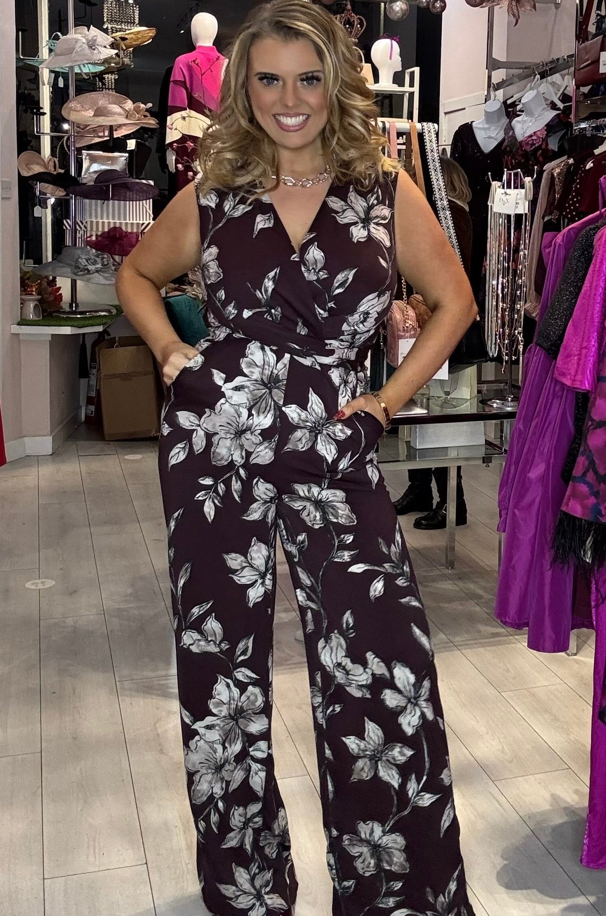 Plum Purple Floral Design Twist Front Wide Leg Jumpsuit