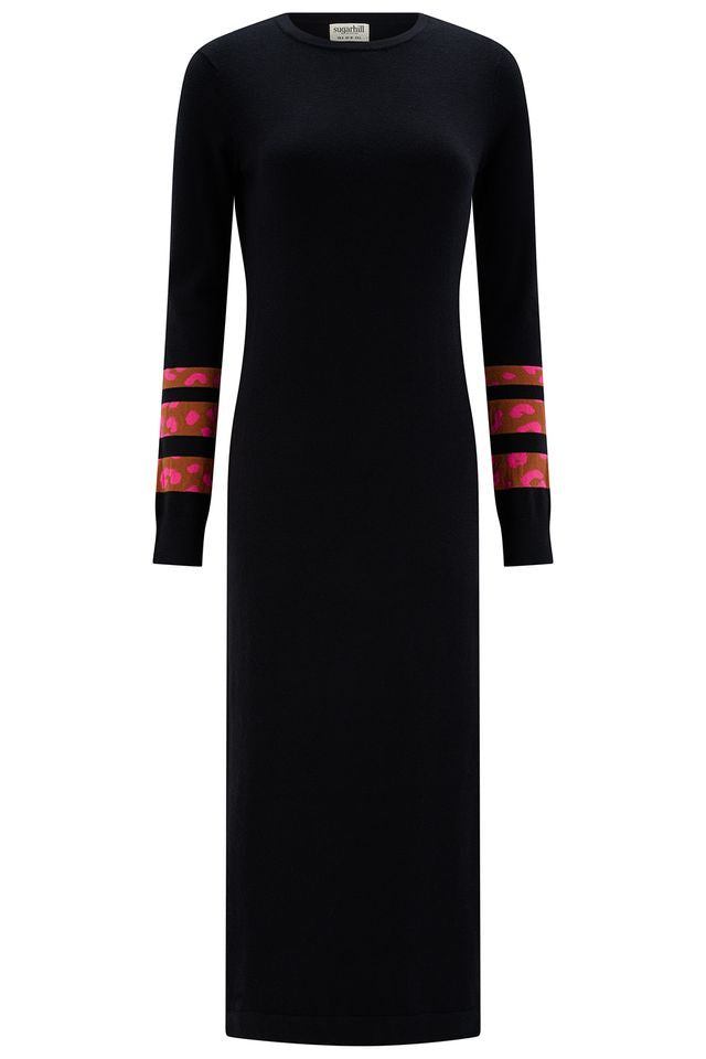 Sugarhill Brighton Mixed Pink & Orange Leopard Border Black Jumper Midi Dress