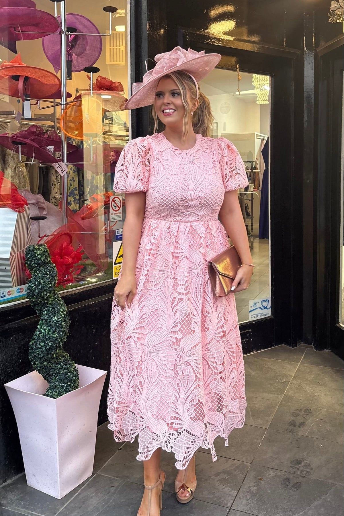 Guipure Lace Puff Sleeve Baby Pink Midi Dress