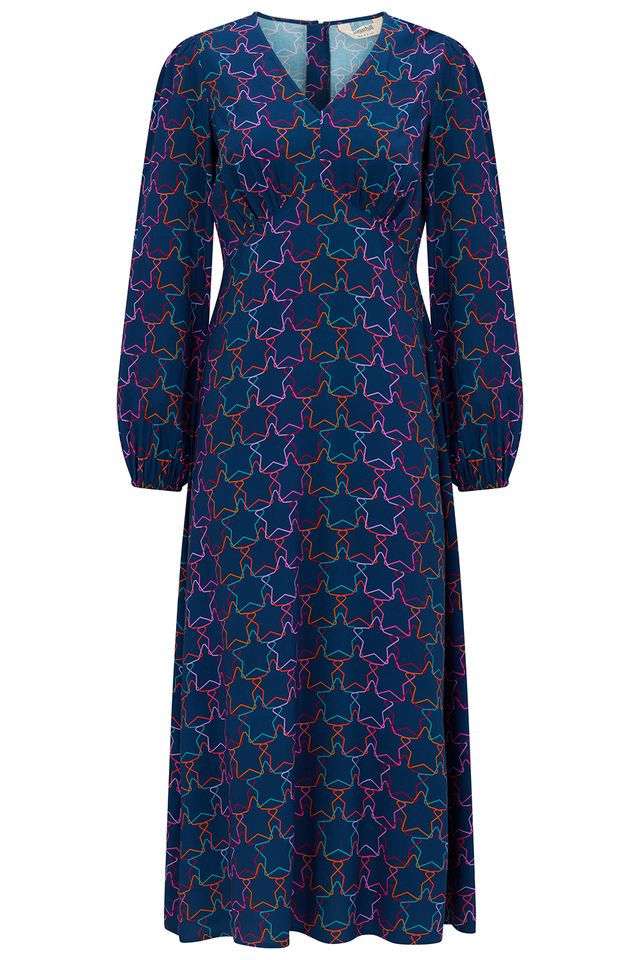 Sugarhill Brighton Mixed Teal Blue Interlocking Star Print Midi Dress
