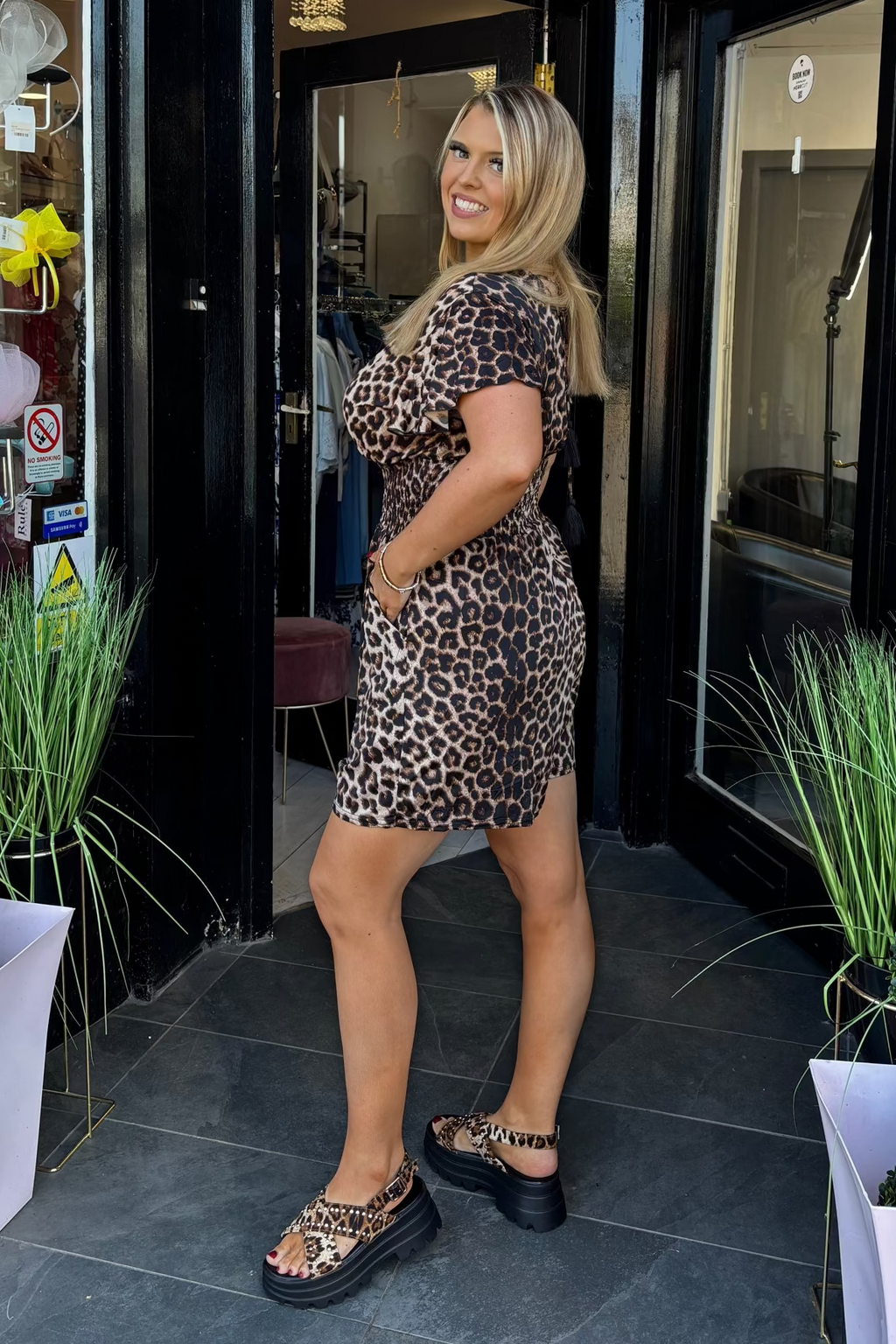 Brown & Black Leopard Print Shirred Waist Summer Playsuit