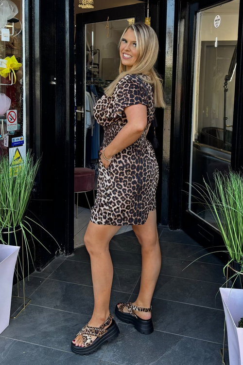 Brown & Black Leopard Print Shirred Waist Summer Playsuit