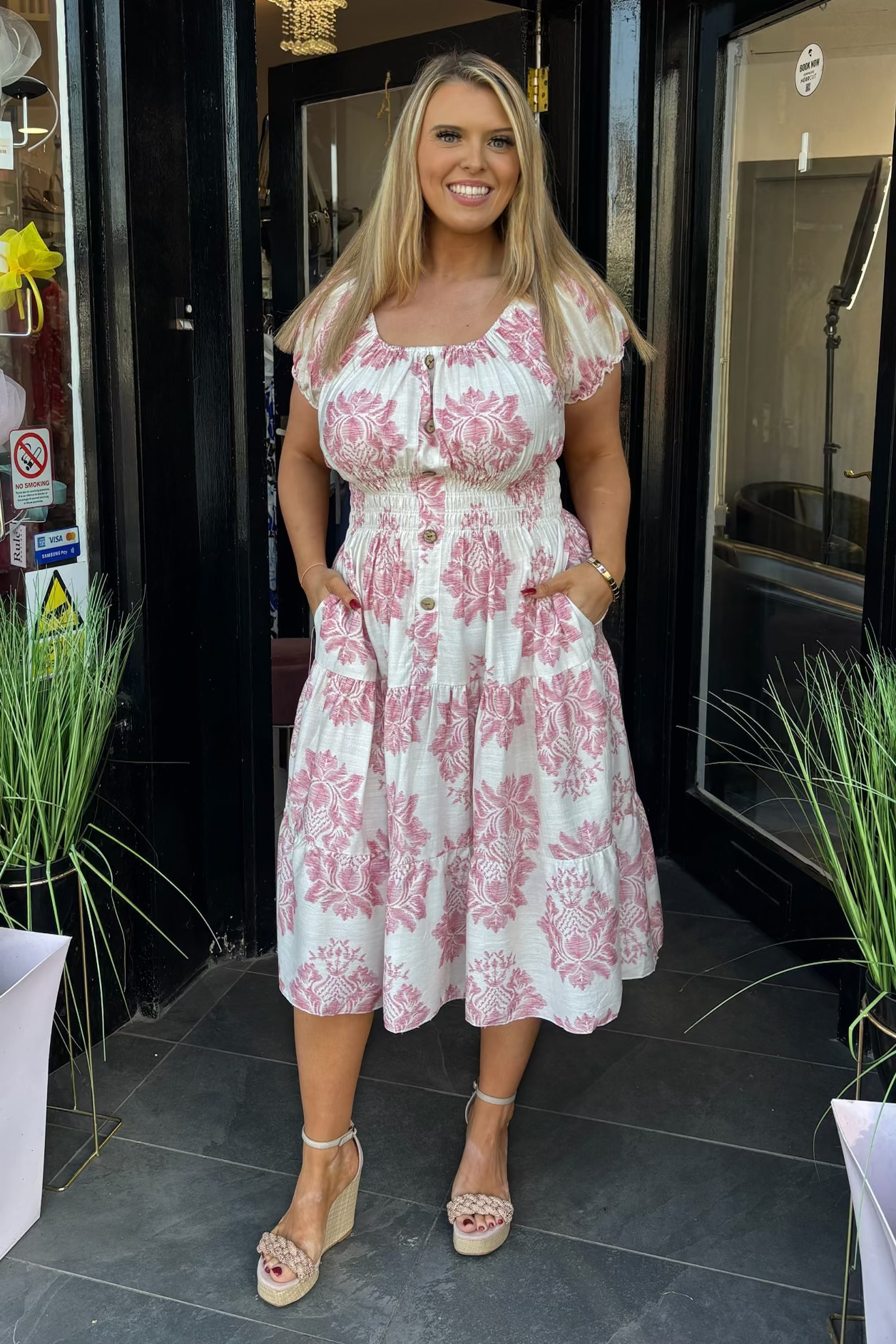 Baby Pink & Beige Antique Floral Shirred Waist Midi Summer Dress