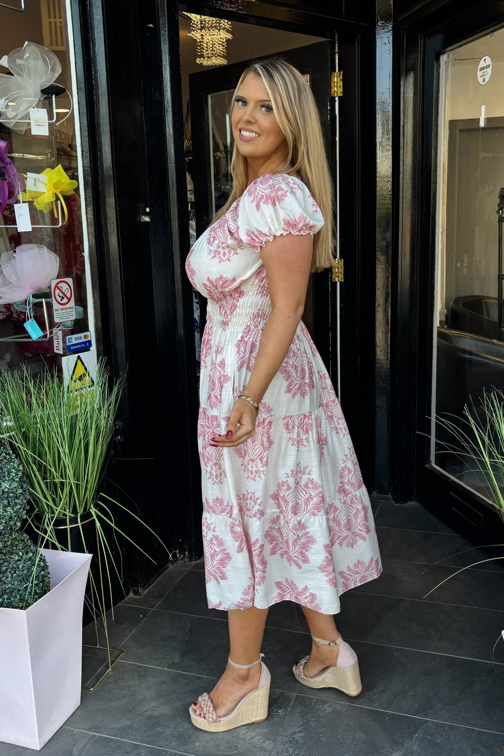 Baby Pink & Beige Antique Floral Shirred Waist Midi Summer Dress