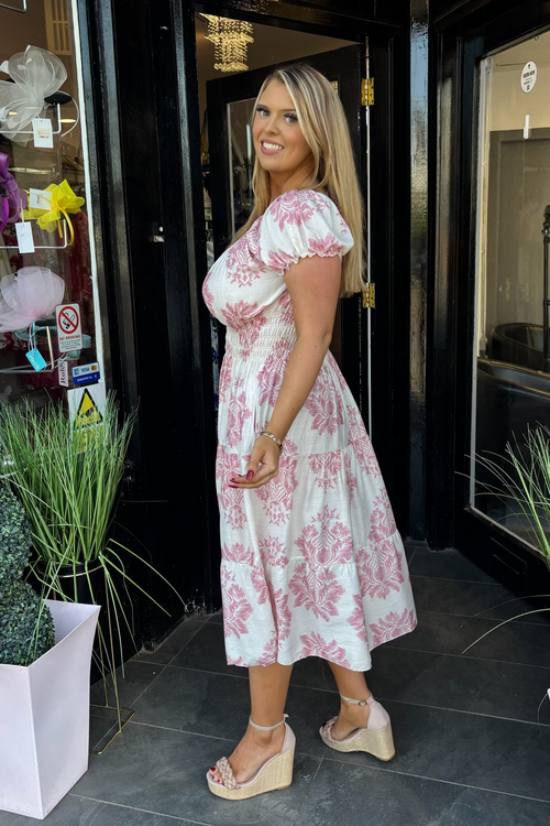 Baby Pink & Beige Antique Floral Shirred Waist Midi Summer Dress
