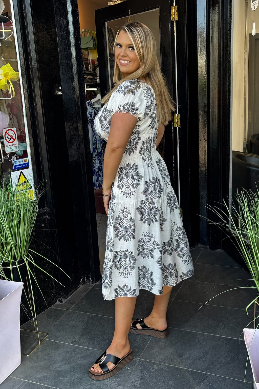 Black & Light Beige Antique Floral Shirred Waist Midi Summer Dress