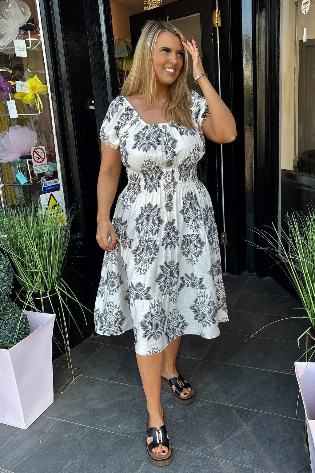 Black & Light Beige Antique Floral Shirred Waist Midi Summer Dress