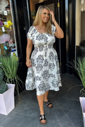 Black & Light Beige Antique Floral Shirred Waist Midi Summer Dress