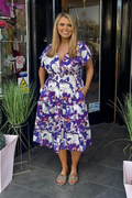 Mixed Purple Indigo Abstract Shirred Waist Midi Summer Dress