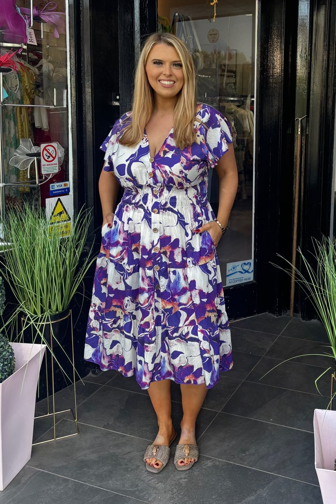 Mixed Purple Indigo Abstract Shirred Waist Midi Summer Dress