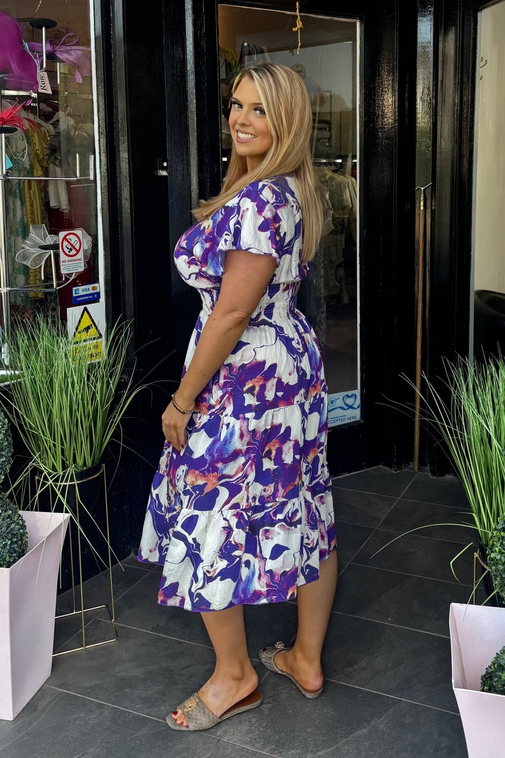 Mixed Purple Indigo Abstract Shirred Waist Midi Summer Dress