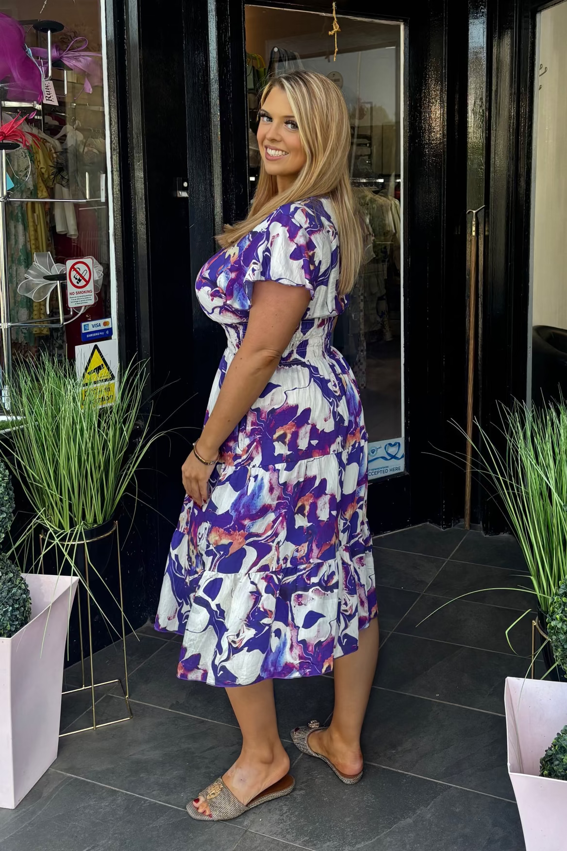Mixed Purple Indigo Abstract Shirred Waist Midi Summer Dress