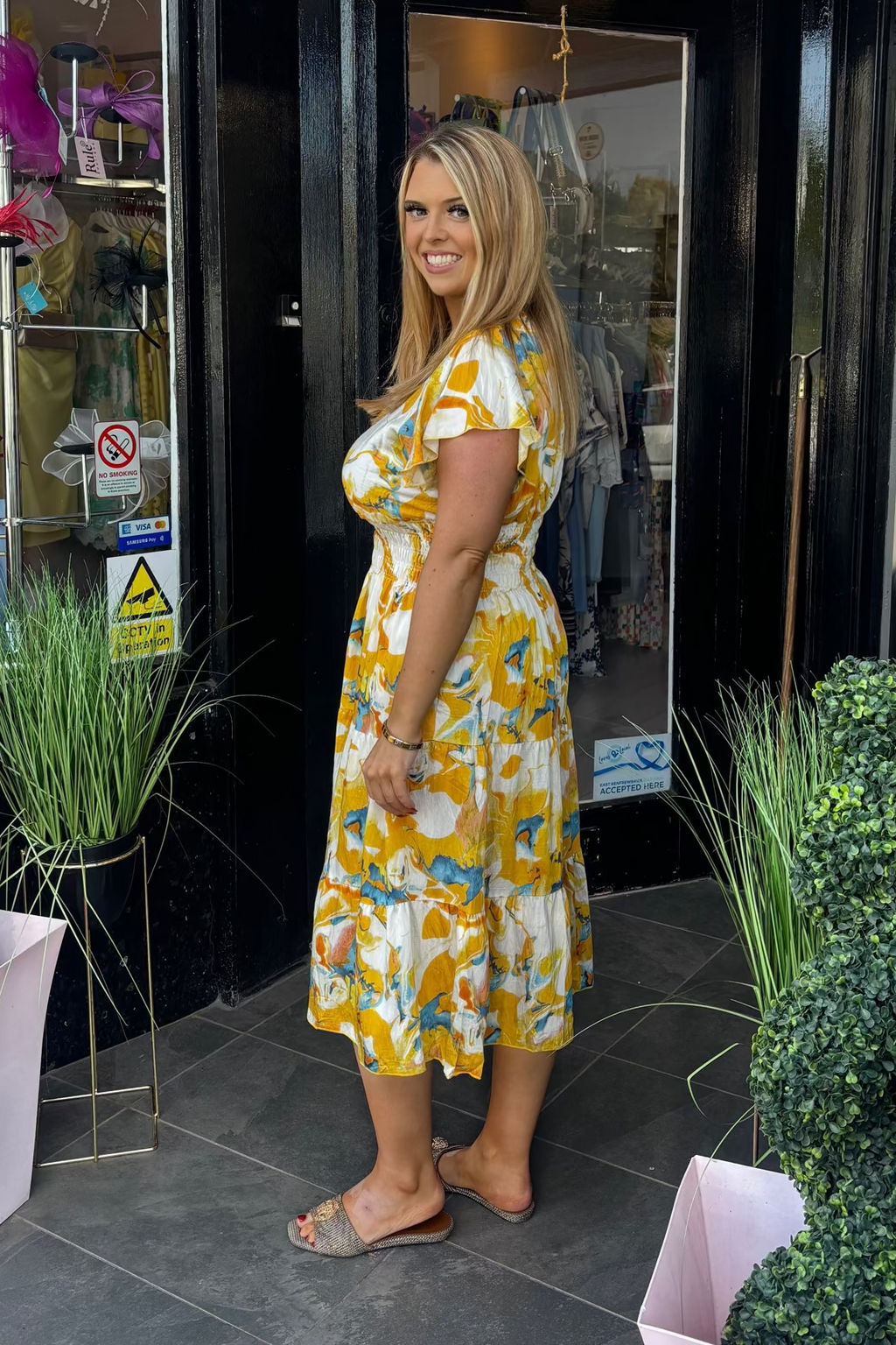 Mixed Yellow & Blue Abstract Shirred Waist Midi Summer Dress