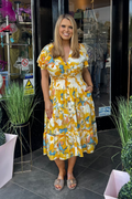 Mixed Yellow & Blue Abstract Shirred Waist Midi Summer Dress