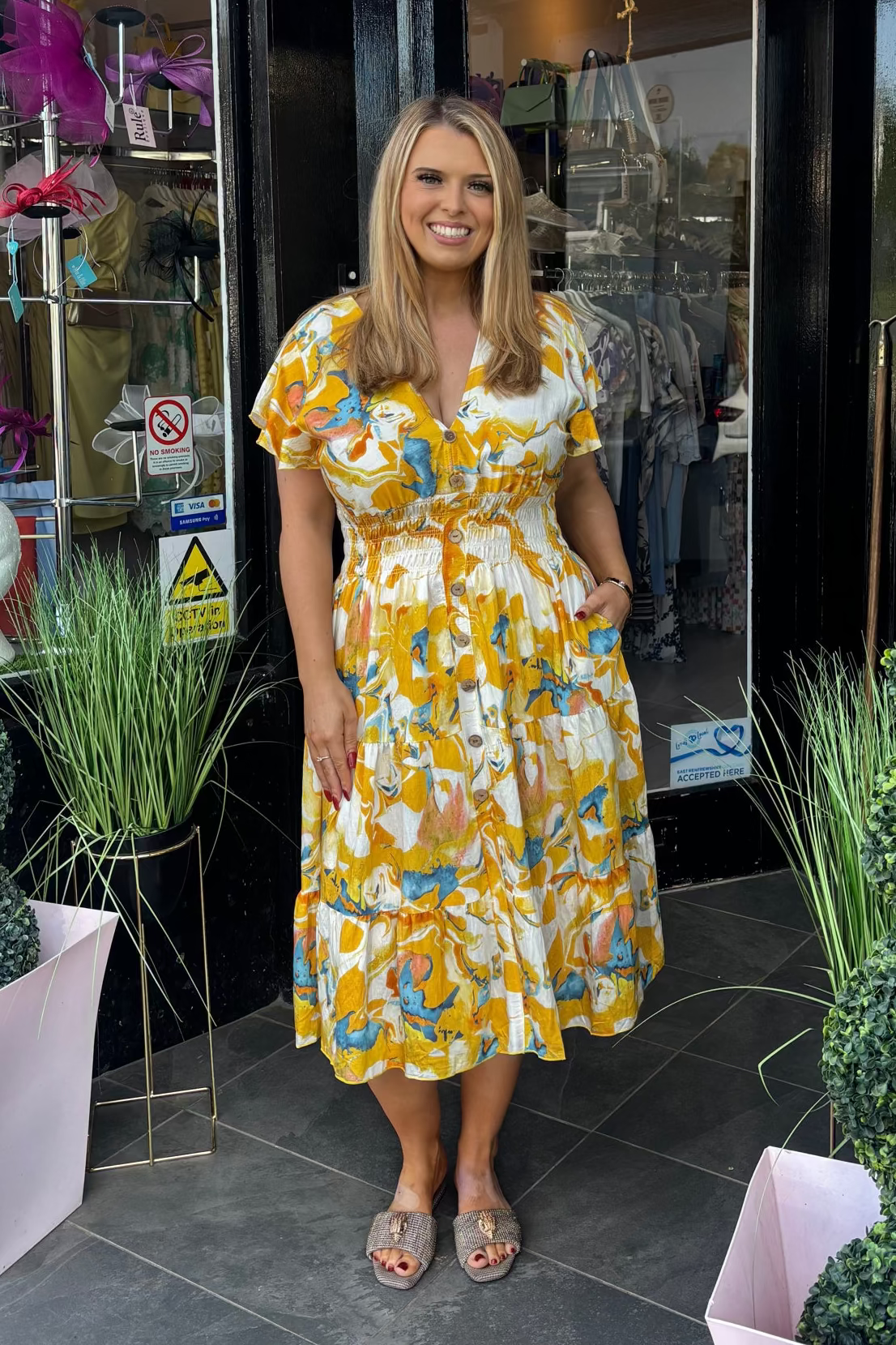 Mixed Yellow & Blue Abstract Shirred Waist Midi Summer Dress