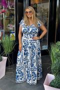 Blue Floral Shirred Waist Maxi Summer Dress