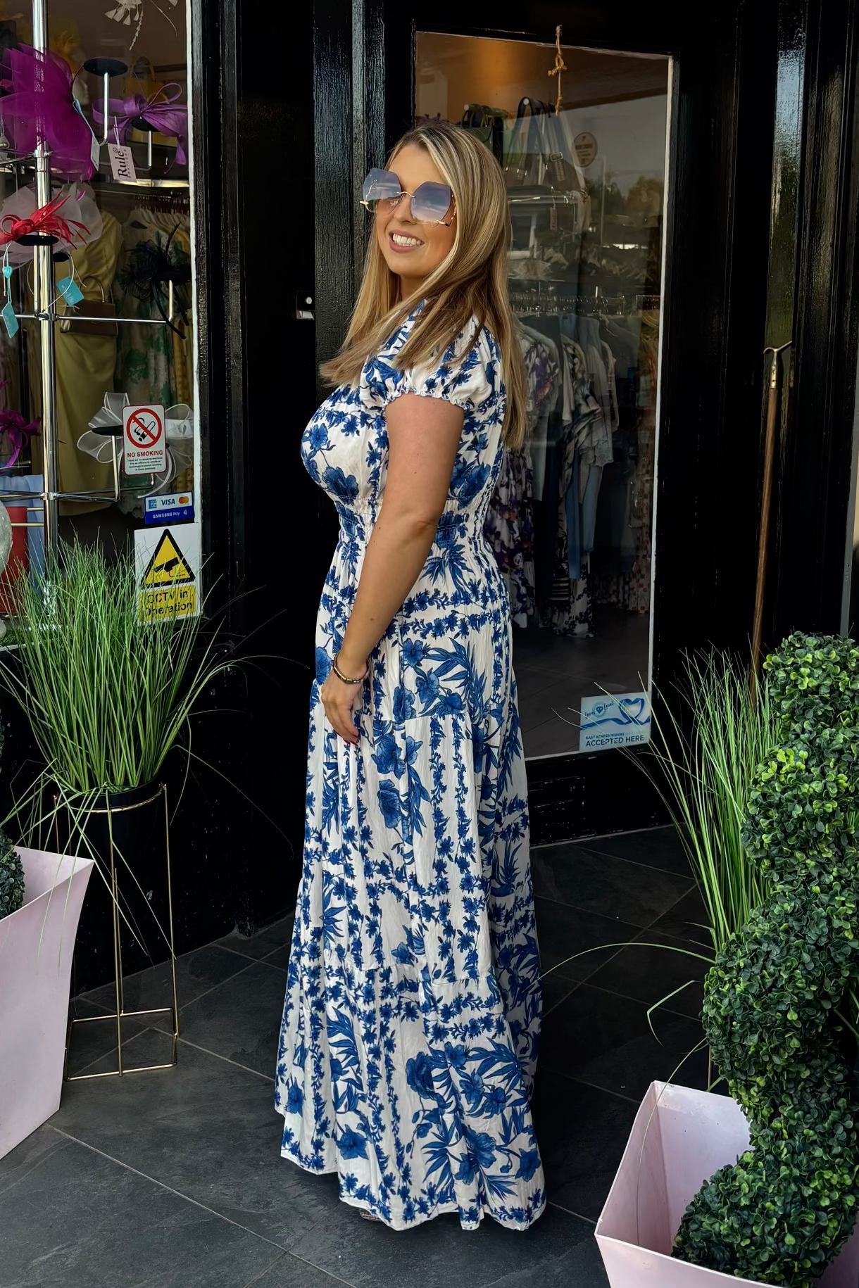 Blue Floral Shirred Waist Maxi Summer Dress