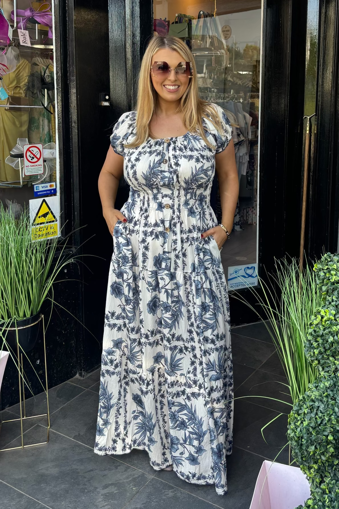 Navy Blue Floral Shirred Waist Maxi Summer Dress