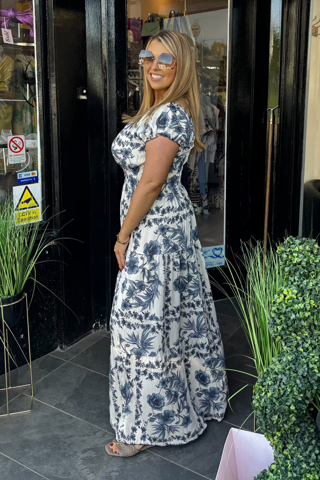 Navy Blue Floral Shirred Waist Maxi Summer Dress