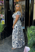 Navy Blue Floral Shirred Waist Maxi Summer Dress