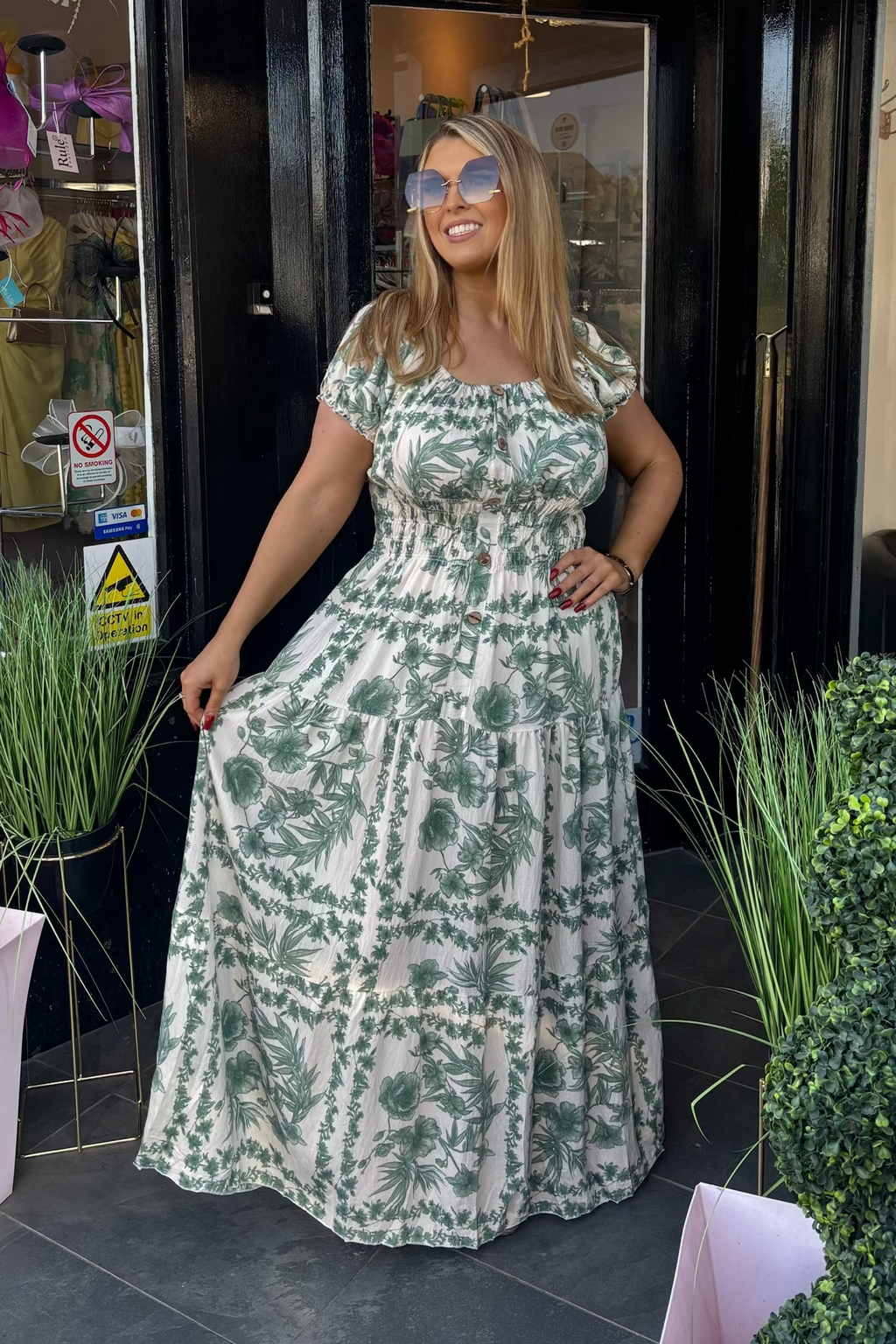 Green & Beige Floral Shirred Waist Maxi Summer Dress