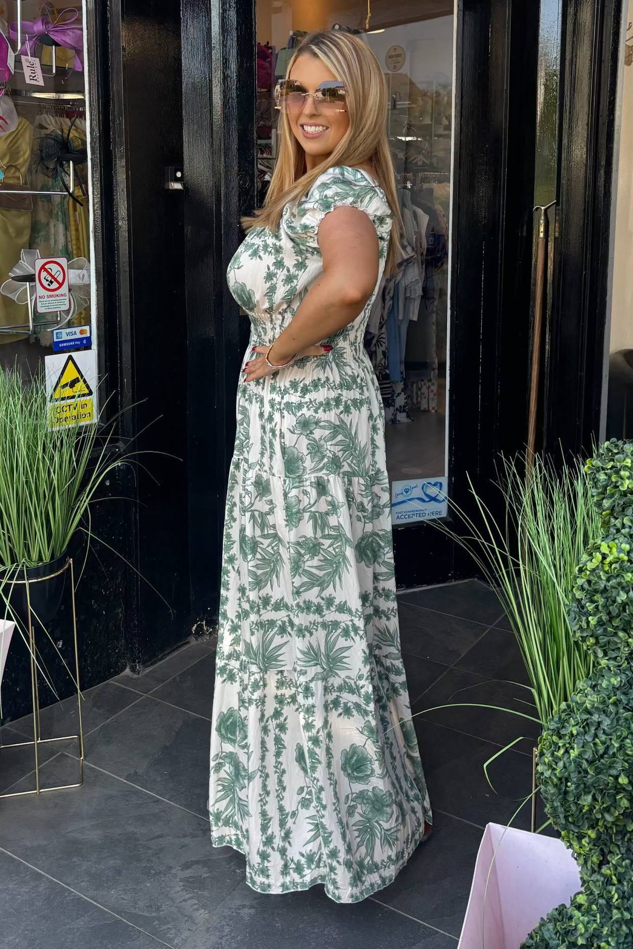 Green & Beige Floral Shirred Waist Maxi Summer Dress