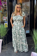 Green & Beige Floral Shirred Waist Maxi Summer Dress